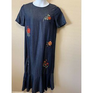 Mango Short Sleeve Denim Embroidered Floral Maxi Dress, Size 8 Ruffled L…